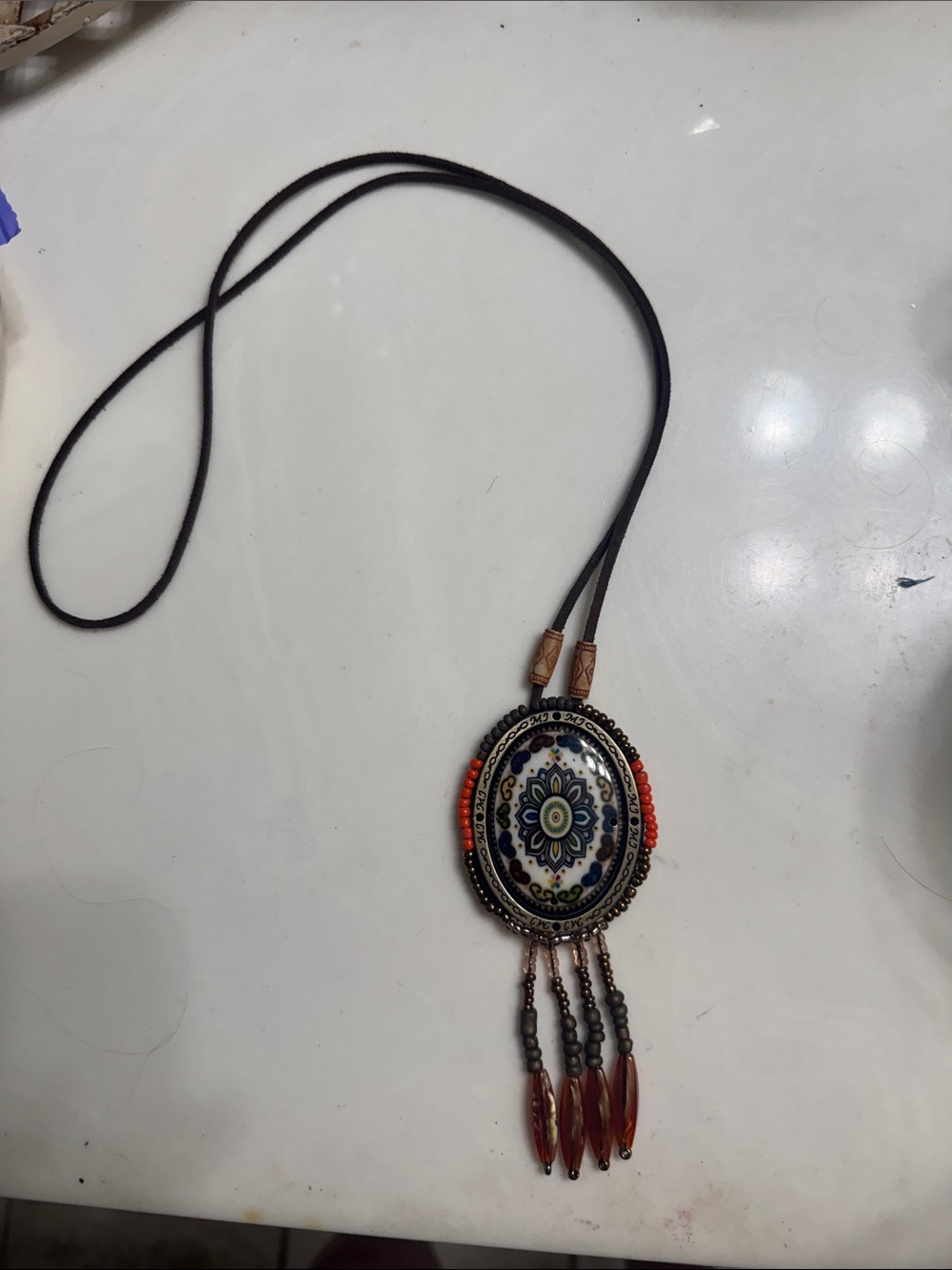 Bohemian Floral Pendant Necklace with Red Accent Beads